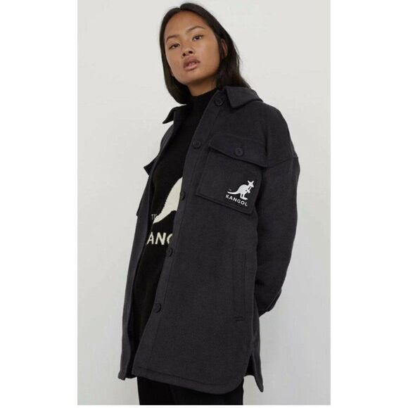 Kangol x H&M Oversized Shacket Shirt‎ Jacket Coat Size Small Black - Picture 1 of 7